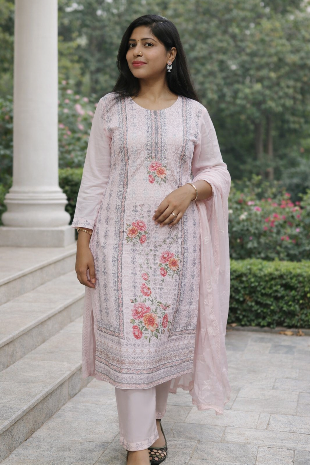 Blush Pink Floral Printed Kurta Pant Set with Dupatta – Elegant Ethnic Wear for Women