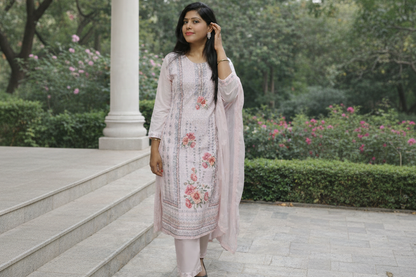 Blush Pink Floral Printed Kurta Pant Set with Dupatta – Elegant Ethnic Wear for Women