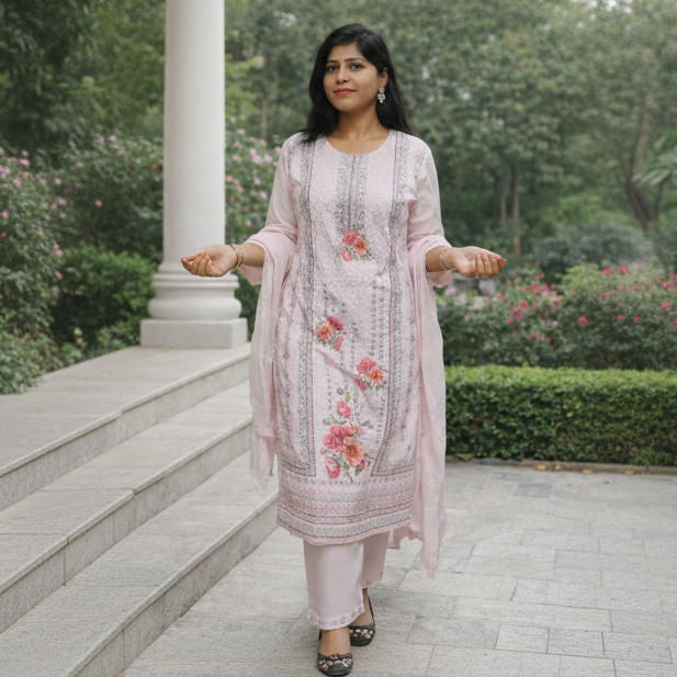 Blush Pink Floral Printed Kurta Pant Set with Dupatta – Elegant Ethnic Wear for Women