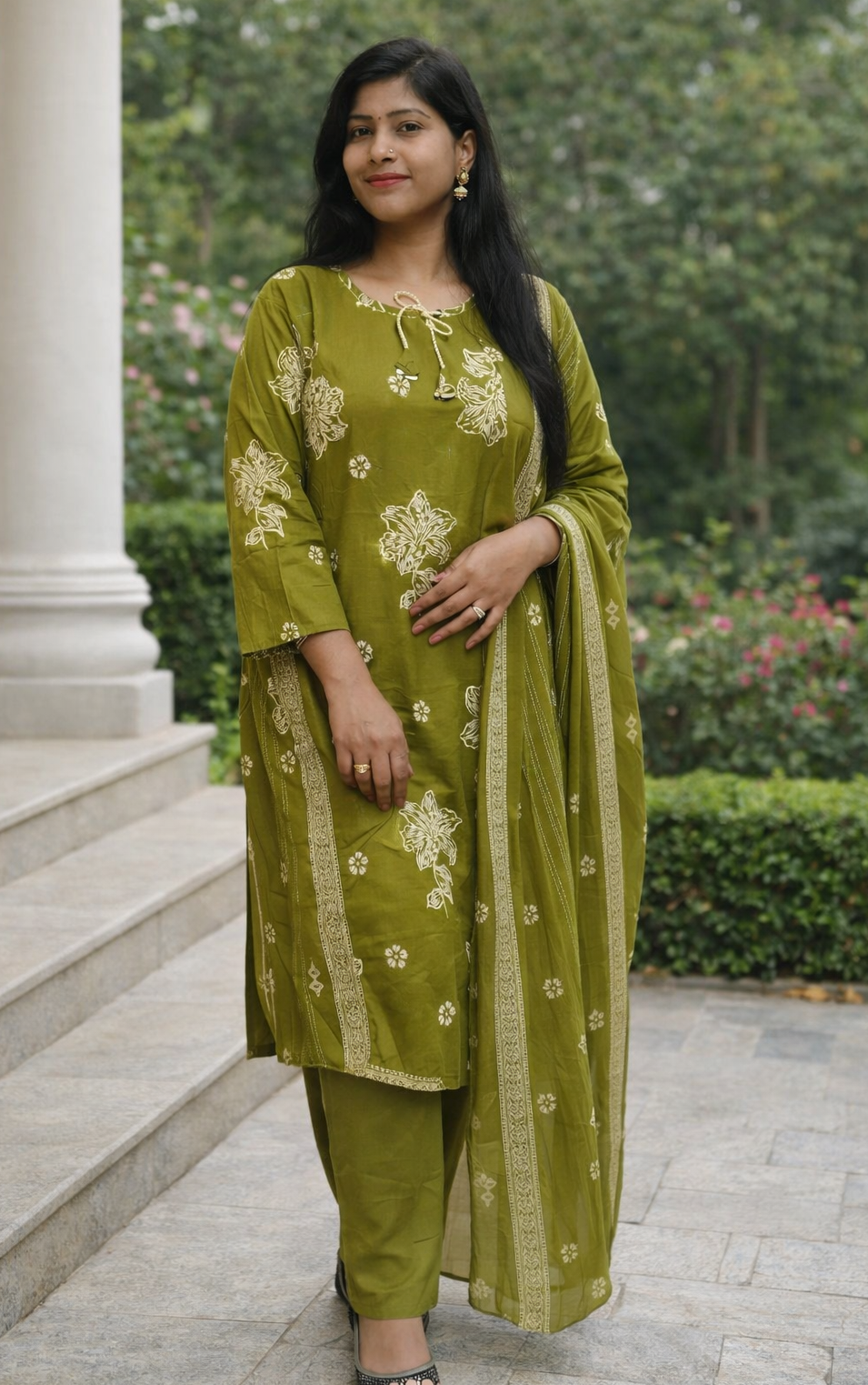 Olive Green Floral Printed Kurta Pant Set with Dupatta – Ethnic Cotton Suit for Women