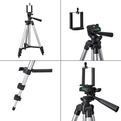 Aluminium Lightweight Tripod with Mobile Phone Holder, 3-Way Pan Head | for All Smart Phones, Cameras, Ring Lights, Panel Reflectors & Flashlights with Carry Bag