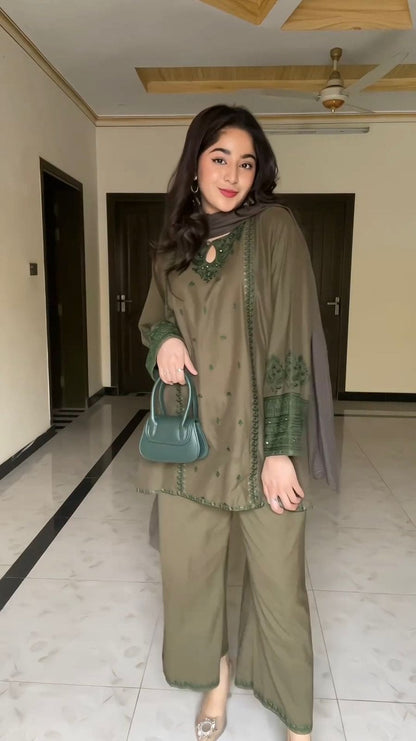 Beautiful Designer Suit On Muslin Cotton Fabric - Brown Color