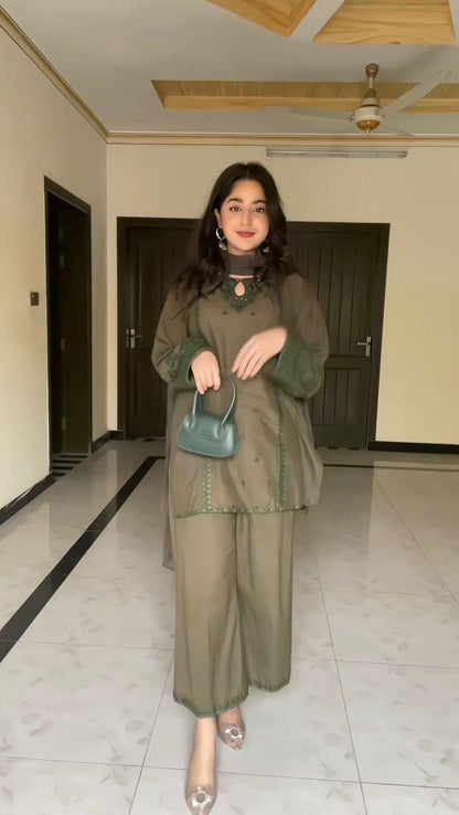 Beautiful Designer Suit On Muslin Cotton Fabric - Brown Color