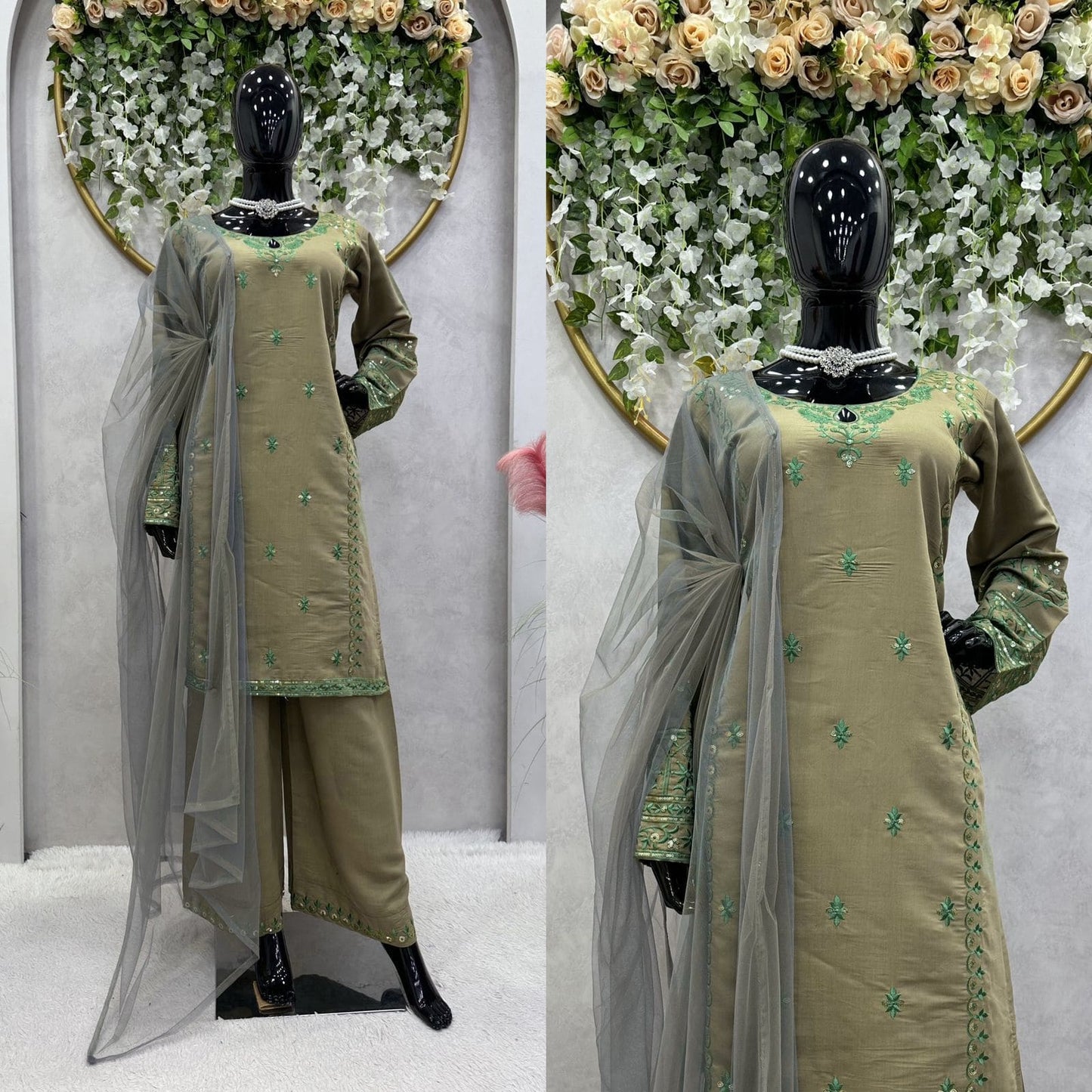 Beautiful Designer Suit On Muslin Cotton Fabric - Brown Color