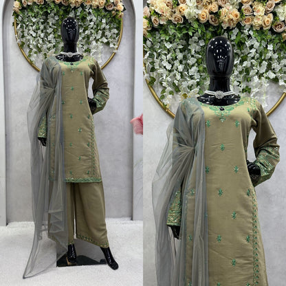 Beautiful Designer Suit On Muslin Cotton Fabric - Brown Color