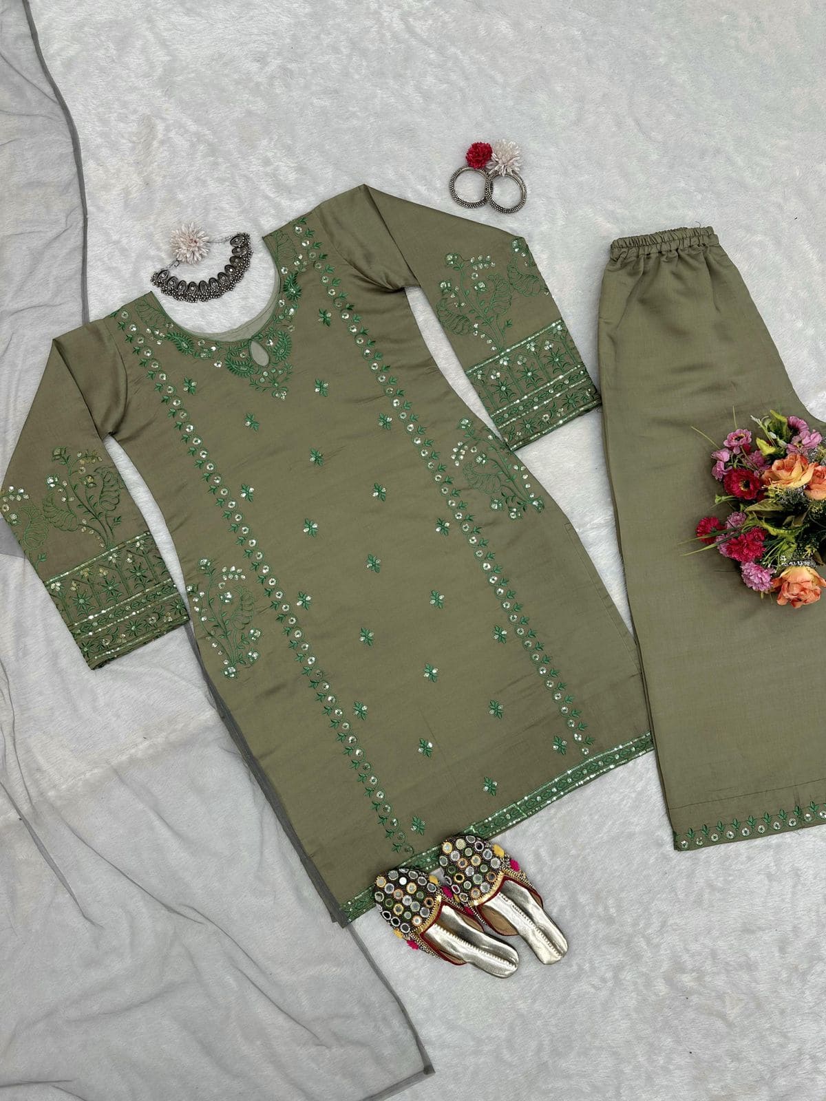 Beautiful Designer Suit On Muslin Cotton Fabric - Brown Color