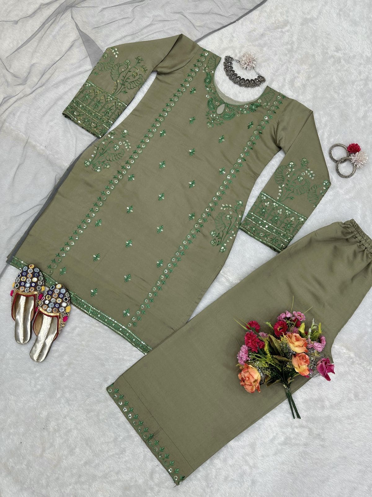 Beautiful Designer Suit On Muslin Cotton Fabric - Brown Color