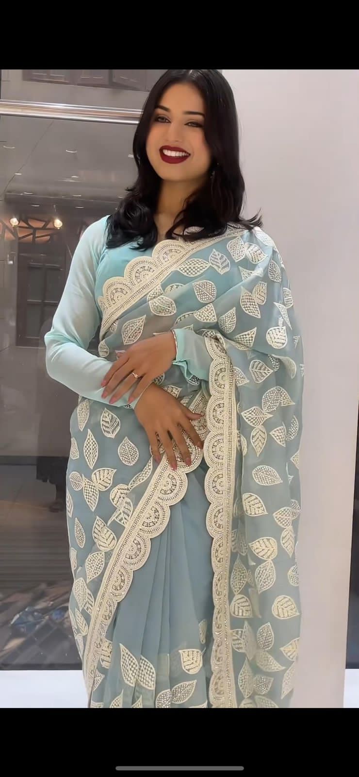 Beautiful designer saree on faux georgette fabric with thread & sequence work