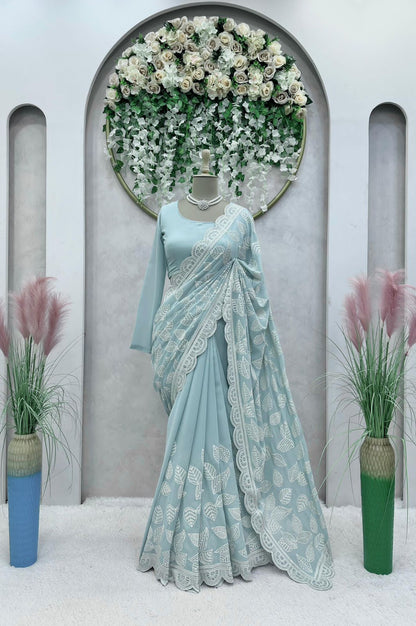 Beautiful designer saree on faux georgette fabric with thread & sequence work