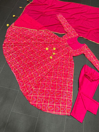 Designer Suit On Heavy Faux Georgette Fabric With Inner And Bandhani Digital Print On Top