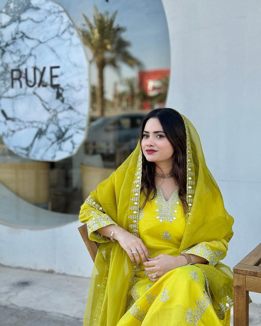 Designer Top Rajwadi Silk With Cording And Paper Mirror Embroidery Work With Pant And Dupatta