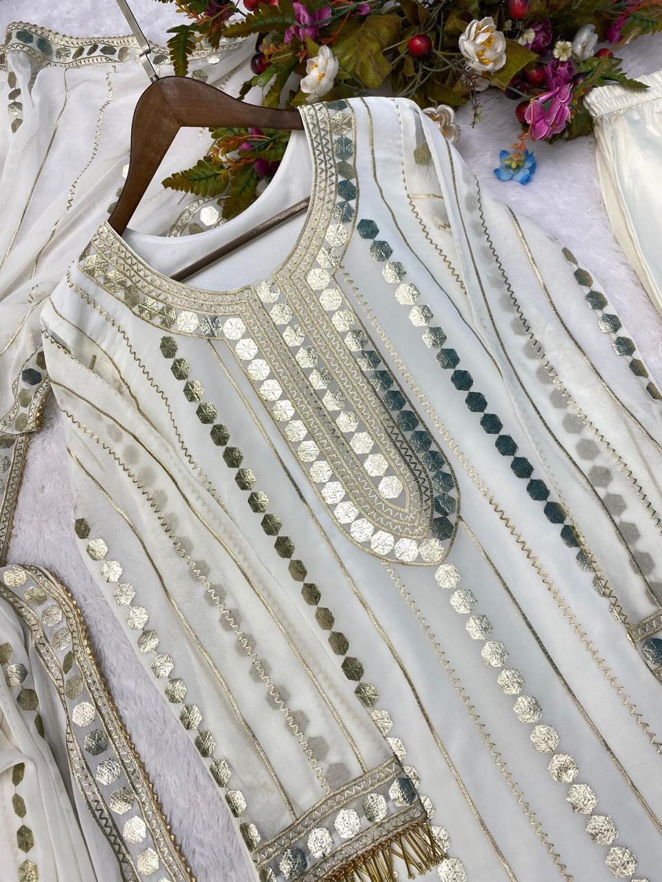 Designer Wear Faux Georgette Embroidered Suit With Real Foil Work