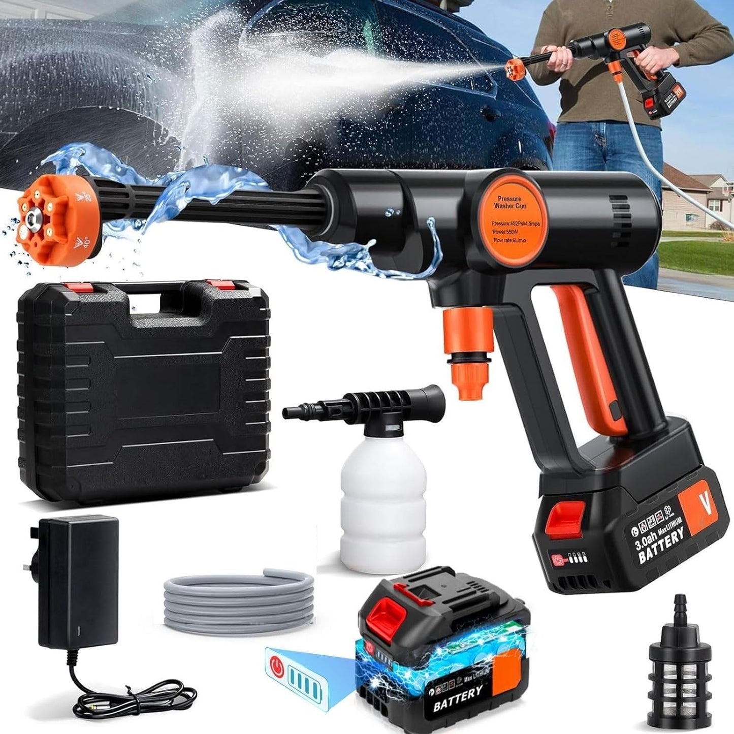 48V Rechargeable Electric Pressure Washer Gun Machine Tool for Bike, Gardening with Adjustable 3 in 1 Nozzle & 5M Hose Pipe, Car Washing