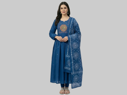 Elegant Blue Pure Cotton Printed Suit Set with Dupatta