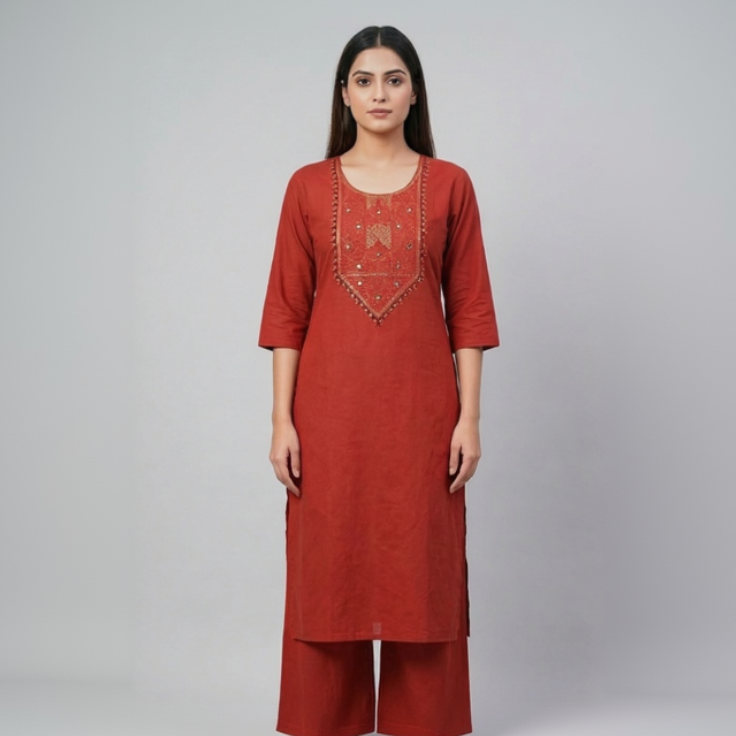 Elegant Rust Red Pure Cotton Kurta Pant Set