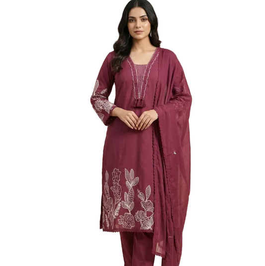Elegant Wine Pure Cotton Embroidered Suit Set