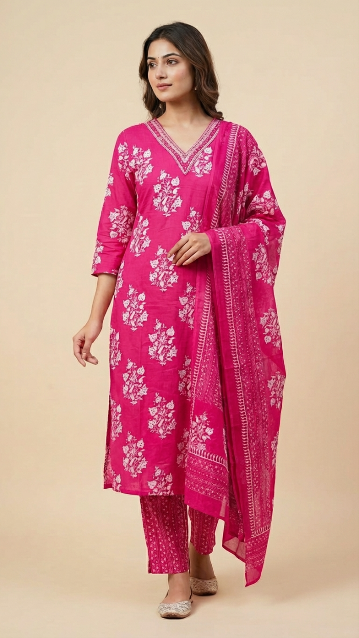 Pink Floral Printed Cotton Kurta Pant Set with Dupatta