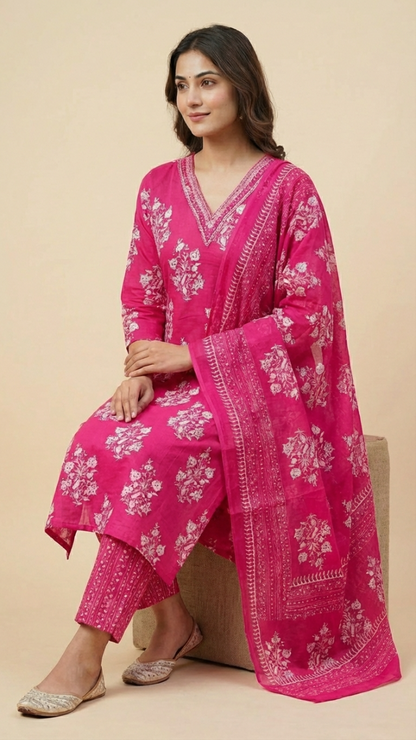 Pink Floral Printed Cotton Kurta Pant Set with Dupatta