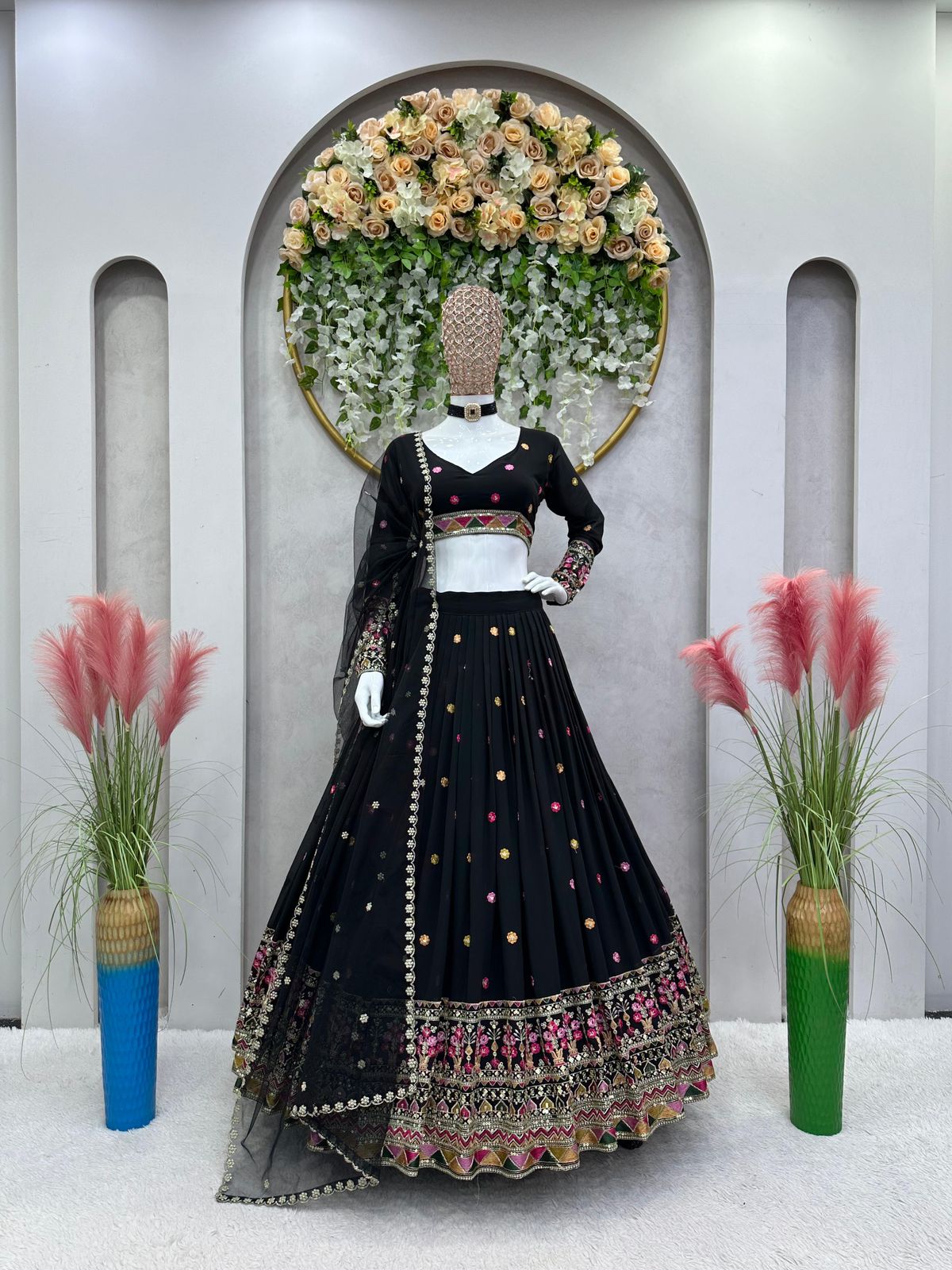 Faux georgette black lehenga