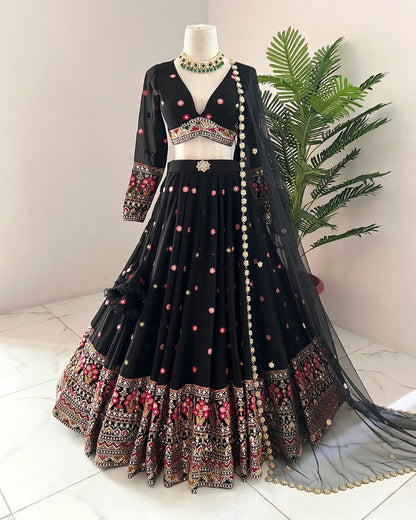 Faux georgette black lehenga