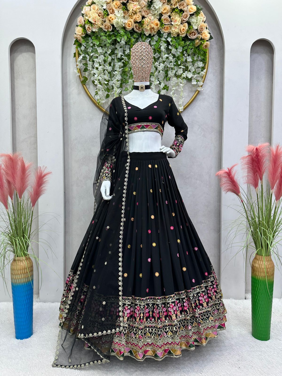 Faux georgette black lehenga