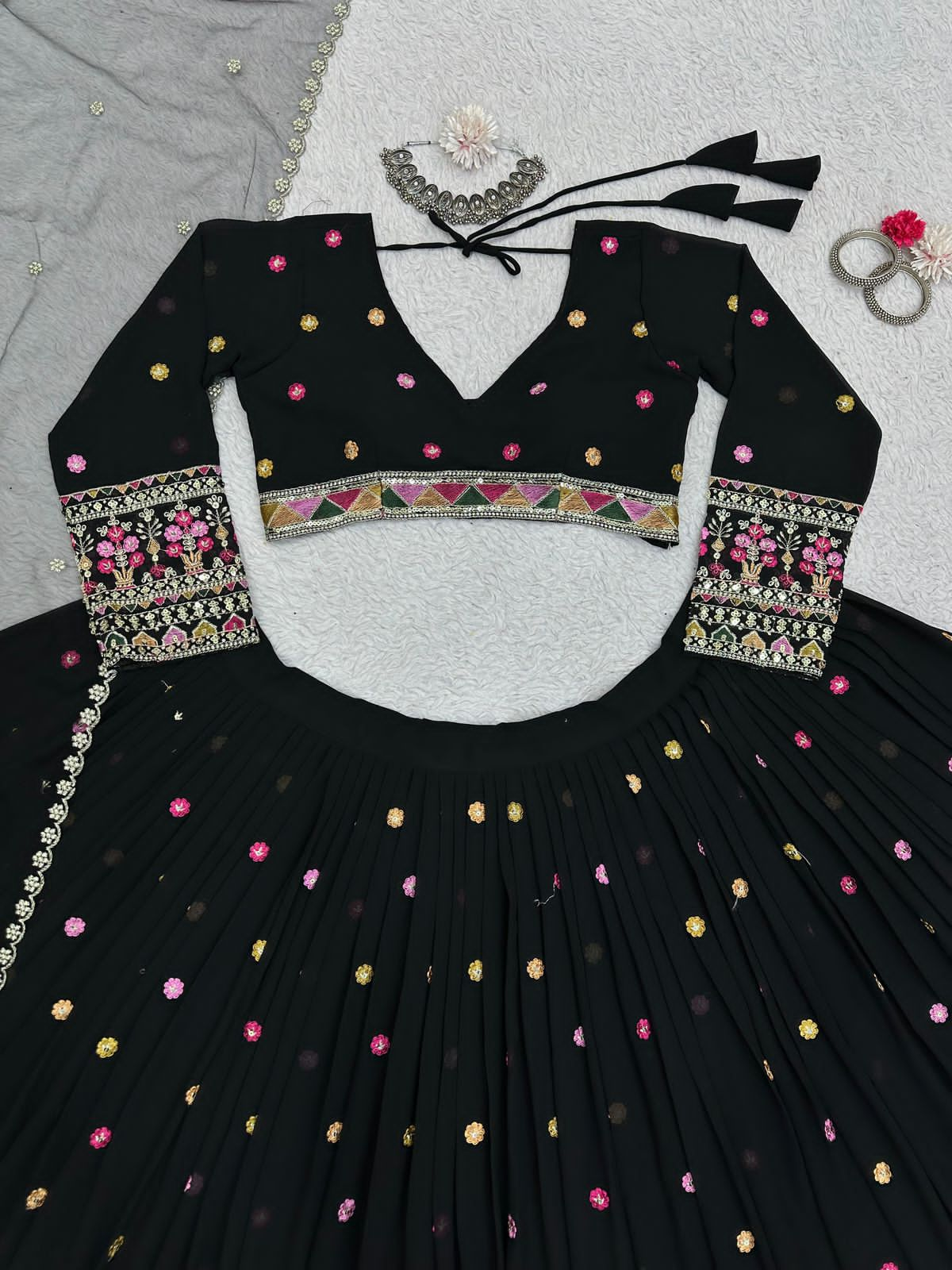 Faux georgette black lehenga