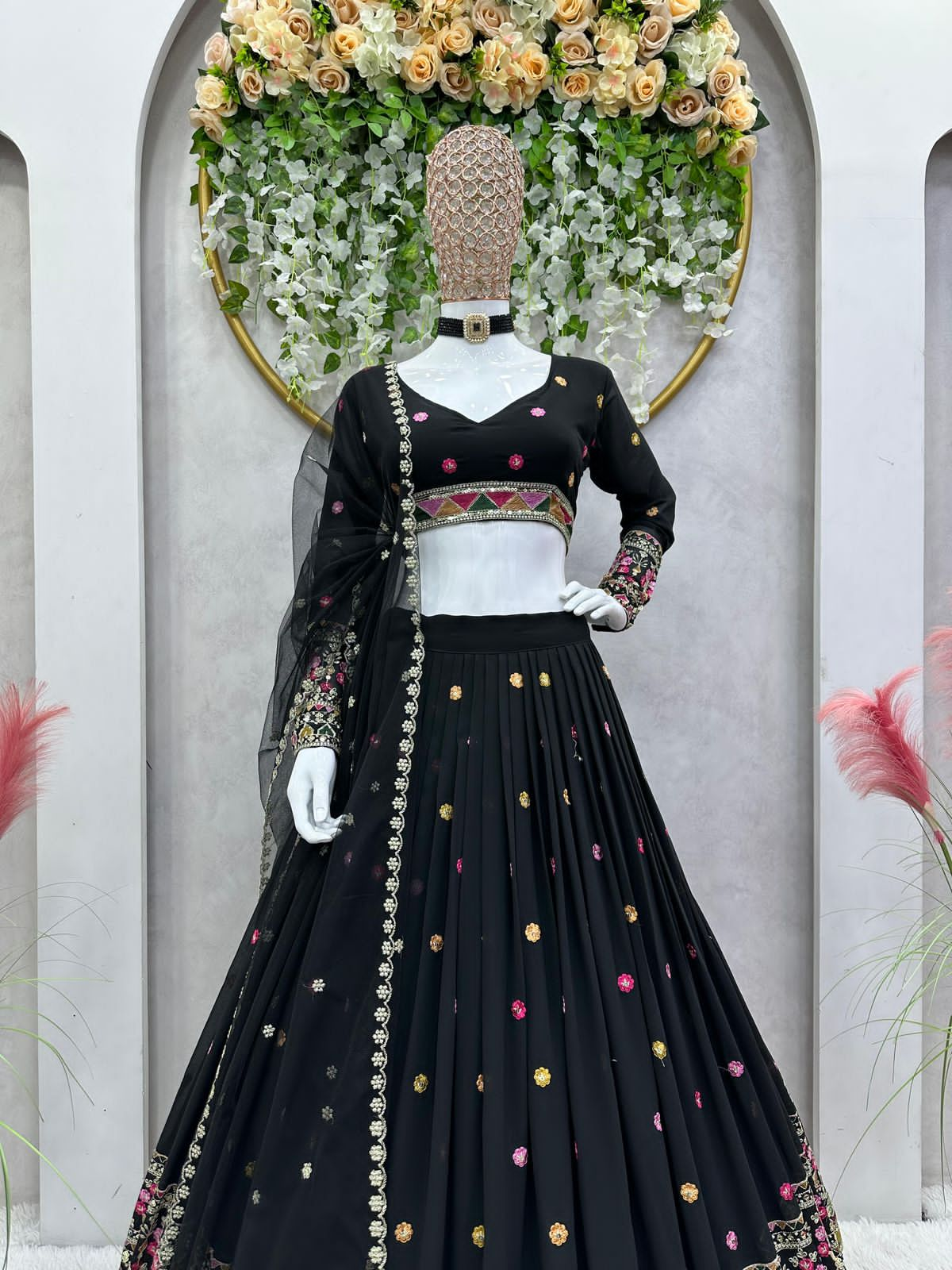 Faux georgette black lehenga