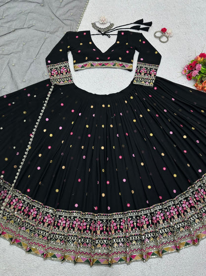 Faux georgette black lehenga