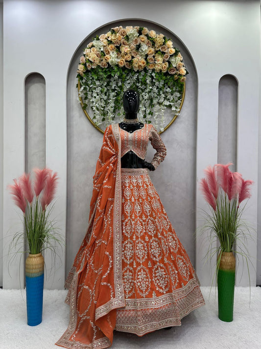 Faux georgette orange lehenga