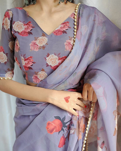 Georgette Printed Saree With Pearl Lace Border