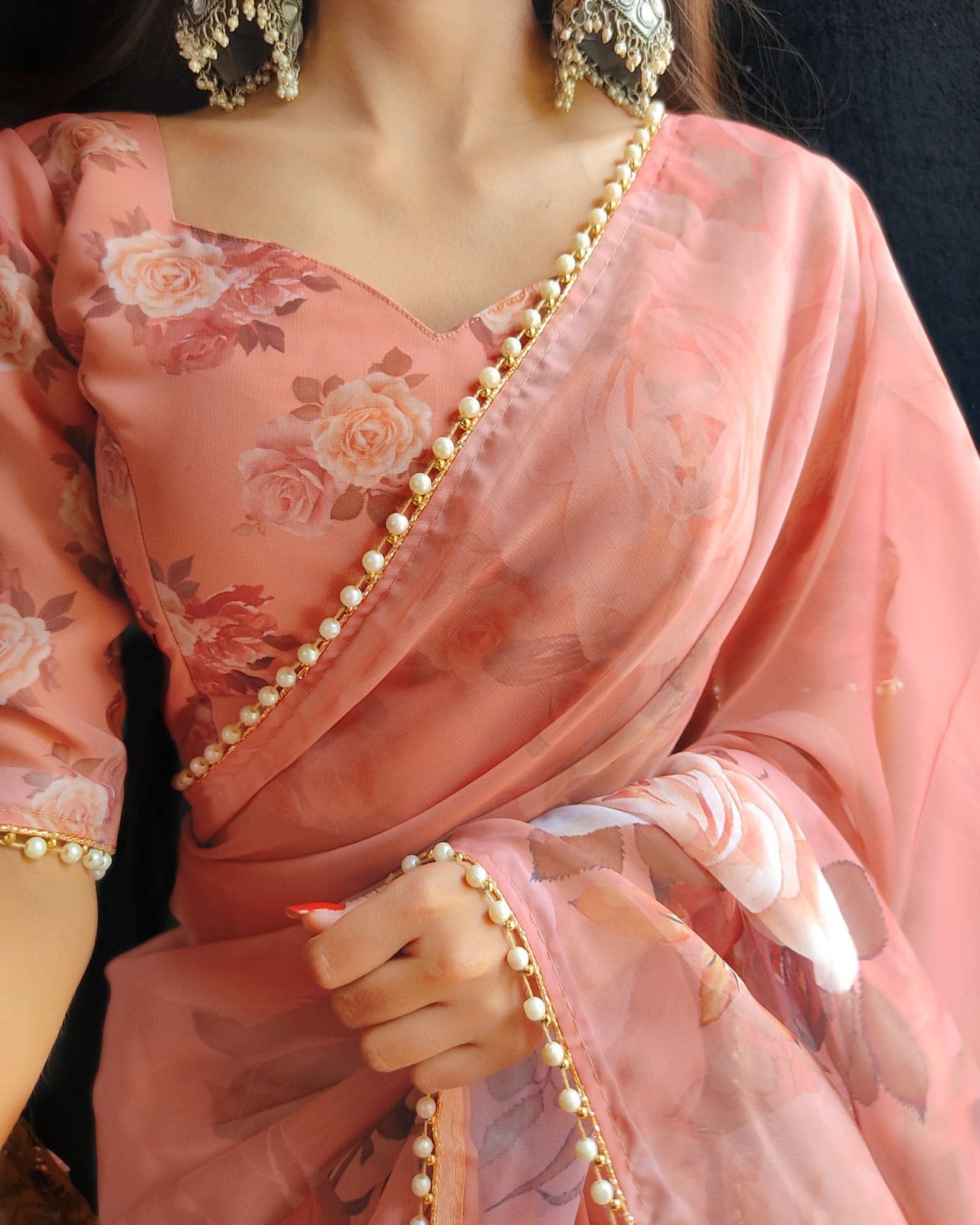 Georgette Printed Saree With Pearl Lace Border