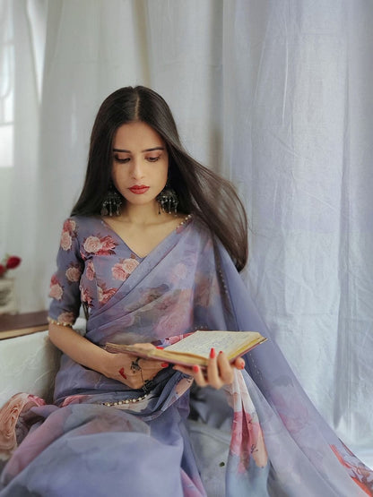Georgette Printed Saree With Pearl Lace Border