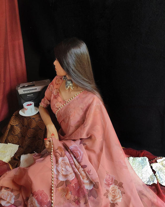 Georgette Printed Saree With Pearl Lace Border