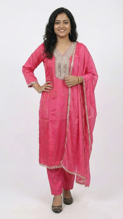Hot Pink Mirror Work Kurta Pant Set with Dupatta – Festive Ethnic Suit for Women