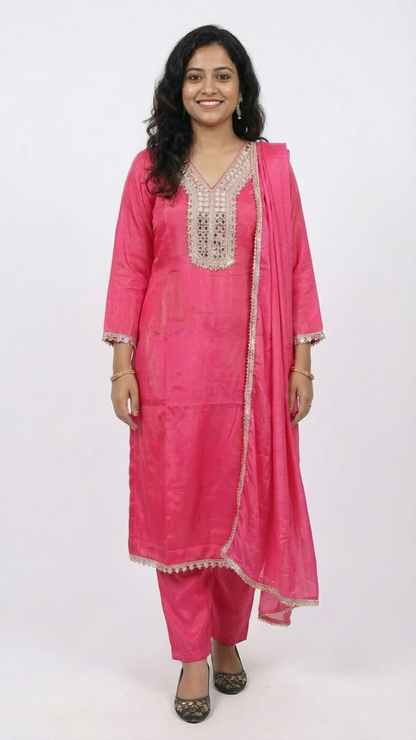 Hot Pink Mirror Work Kurta Pant Set with Dupatta – Festive Ethnic Suit for Women