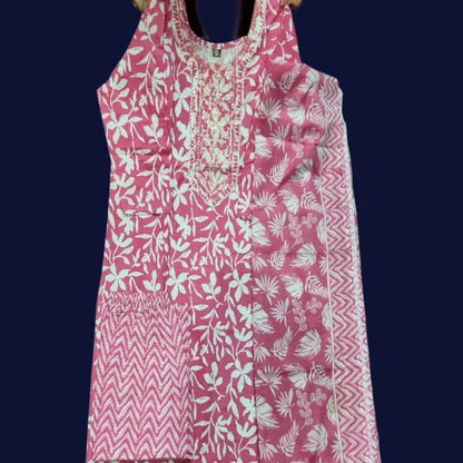 Rose Pink Floral Printed Kurta Pant Set with Dupatta – Elegant Cotton Ethnic Wear for Women