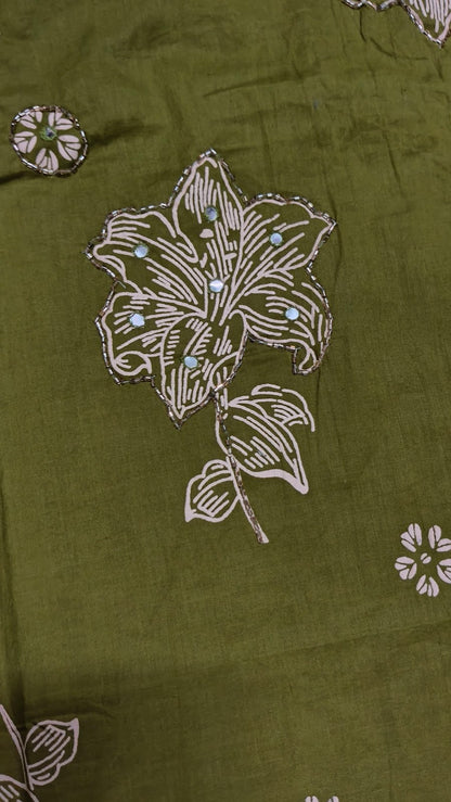 Olive Green Floral Printed Kurta Pant Set with Dupatta – Ethnic Cotton Suit for Women