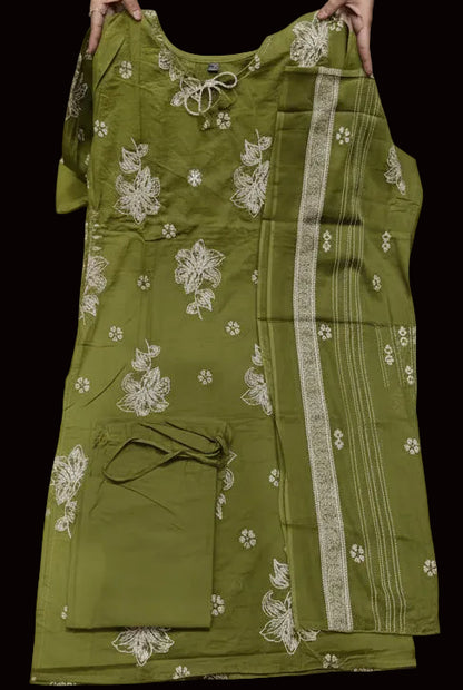 Olive Green Floral Printed Kurta Pant Set with Dupatta – Ethnic Cotton Suit for Women