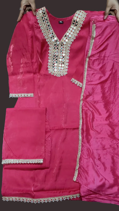 Hot Pink Mirror Work Kurta Pant Set with Dupatta – Festive Ethnic Suit for Women
