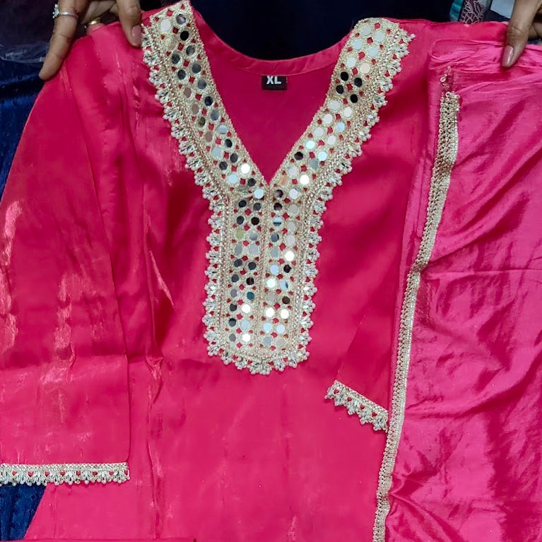 Hot Pink Mirror Work Kurta Pant Set with Dupatta – Festive Ethnic Suit for Women