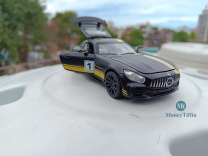 Mercedes - Diecast Metal Car ( Black & Yellow ) | ( 1:32 Scale Simulation Sound and Light Pull Back Series )