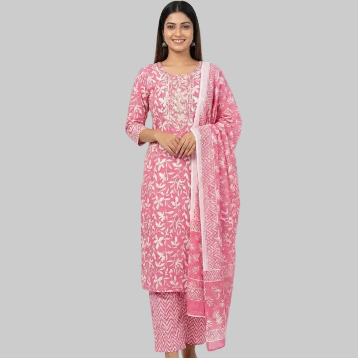 Rose Pink Floral Printed Kurta Pant Set with Dupatta – Elegant Cotton Ethnic Wear for Women