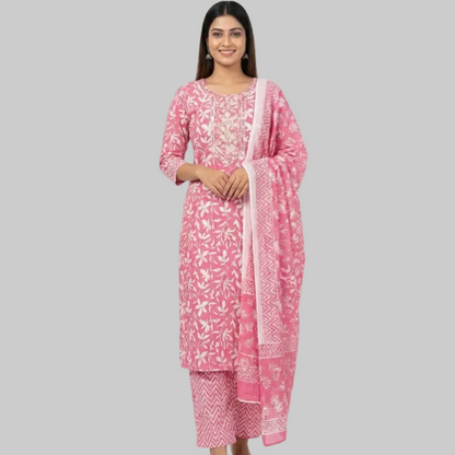 Rose Pink Floral Printed Kurta Pant Set with Dupatta – Elegant Cotton Ethnic Wear for Women