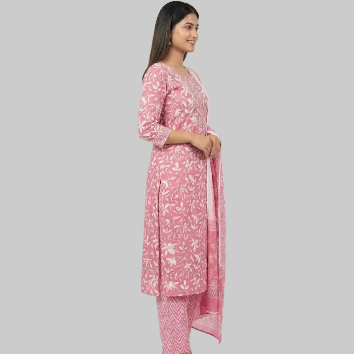 Rose Pink Floral Printed Kurta Pant Set with Dupatta – Elegant Cotton Ethnic Wear for Women
