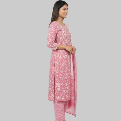 Rose Pink Floral Printed Kurta Pant Set with Dupatta – Elegant Cotton Ethnic Wear for Women