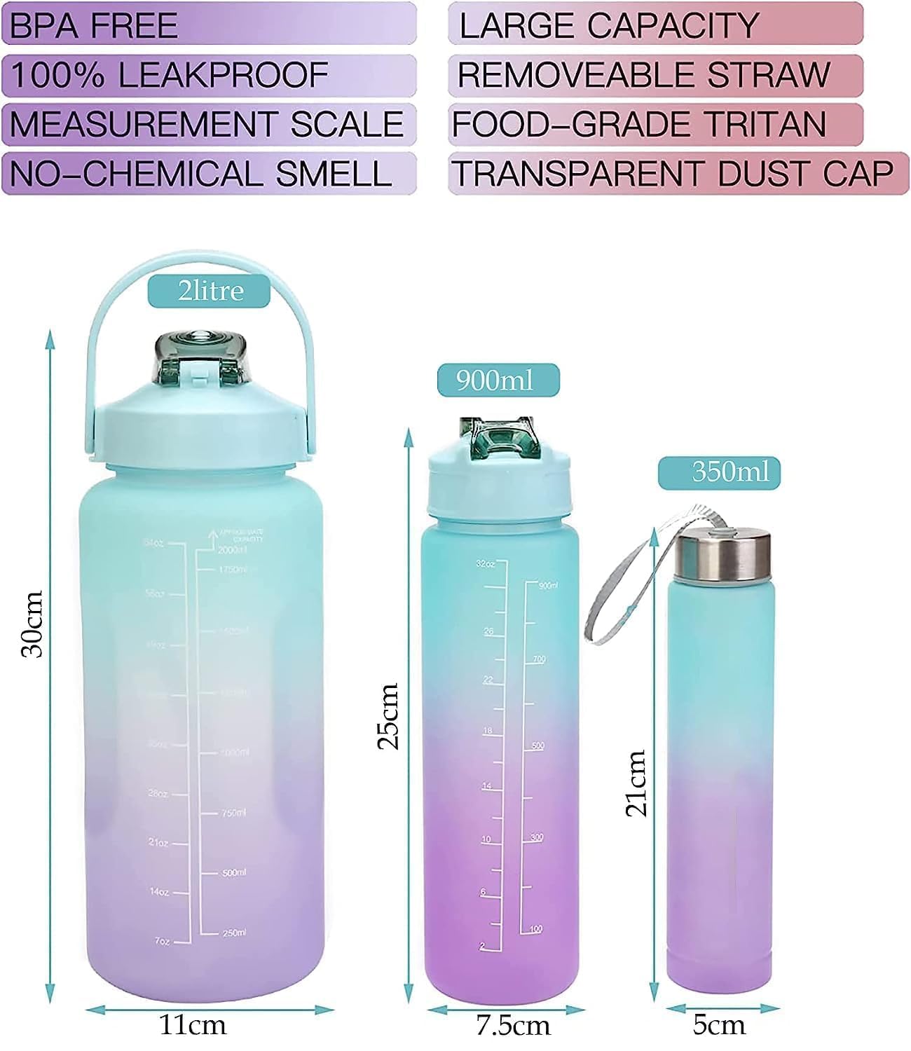 Motivational Water Bottle Set of 3 in 1 Pcs 2000ml 900ml 300ml with Straw, Unbreakable Leakproof BPA free Non-toxic Sipper Bottle for Office, Sports, Gym, School