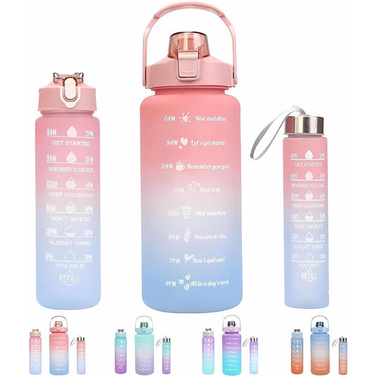 Motivational Water Bottle Set of 3 in 1 Pcs 2000ml 900ml 300ml with Straw, Unbreakable Leakproof BPA free Non-toxic Sipper Bottle for Office, Sports, Gym, School