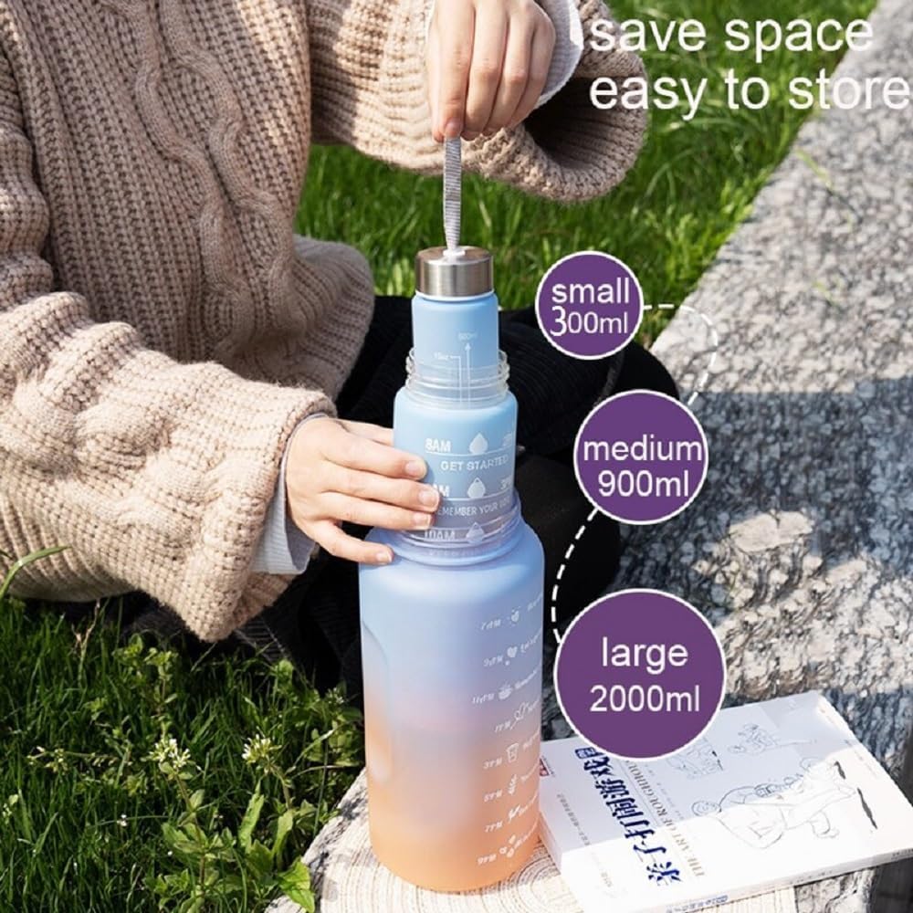 Motivational Water Bottle Set of 3 in 1 Pcs 2000ml 900ml 300ml with Straw, Unbreakable Leakproof BPA free Non-toxic Sipper Bottle for Office, Sports, Gym, School