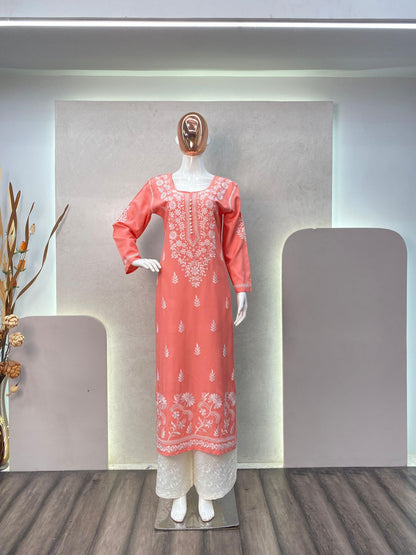 New Trending Rayon Top With Cotton Thread Embroidered Work And Work Palazzo