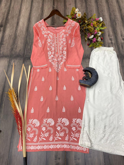 New Trending Rayon Top With Cotton Thread Embroidered Work And Work Palazzo